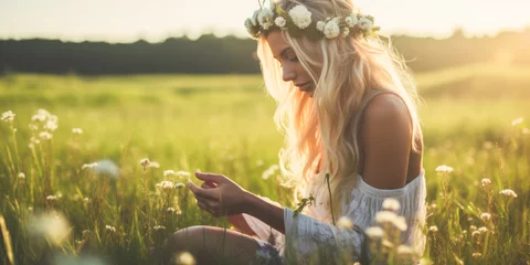 Gordijnen Captivating blonde hippie woman crafting a flower crown in open field. © XaMaps