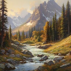 Mountain landscape with a river in the foreground. 3d rendering