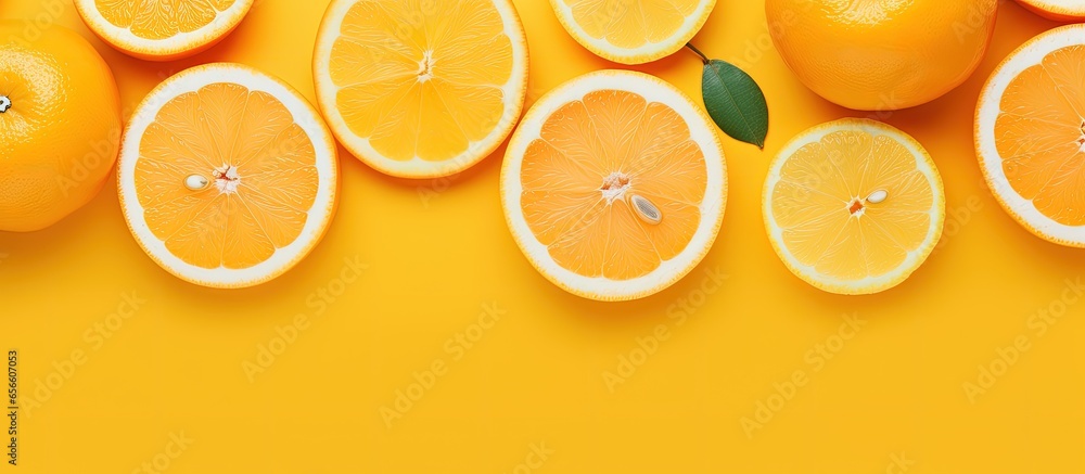 Poster citrus fruits on a minimalistic yellow background with copyspace for text
