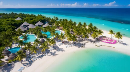 Aerial view of beautiful tropical beach with palm trees and blue lagoon