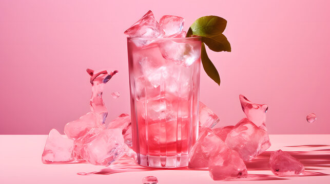 clear and transparent pink glass with ice cube on pink tabletop on a pink background