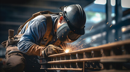 welders perform welds in a factory - obrazy, fototapety, plakaty