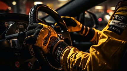 A closeup view of race car driver's gloved hand gripping the steering wheel at high speed