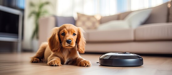 Smart vacuum cleaner for pets with a golden cocker spaniel puppy nearby with copyspace for text