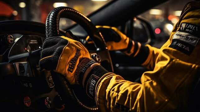 A Closeup View Of Race Car Driver's Gloved Hand Gripping The Steering Wheel At High Speed