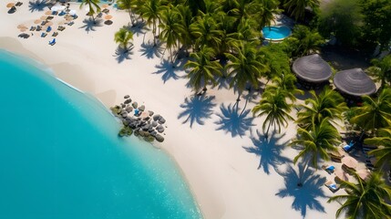 Aerial view of beautiful tropical beach with palm trees and blue lagoon - obrazy, fototapety, plakaty