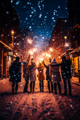 Happy people in warm clothes celebrate Christmas and New Year with burning sparklers on a winter snowy street. Back view. Christmas holidays - obrazy, fototapety, plakaty