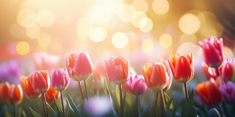 Panoramic shot of vibrant tulips in full bloom with a bokeh background and enchanting backlighting - obrazy, fototapety, plakaty