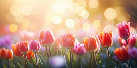 Fototapeten Panoramic shot of vibrant tulips in full bloom with a bokeh background and enchanting backlighting © Jan