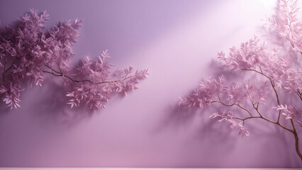 pink leaves on purple background with copy space
