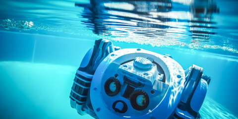Innovative close-up of a submerged pool-cleaning robot from above view.