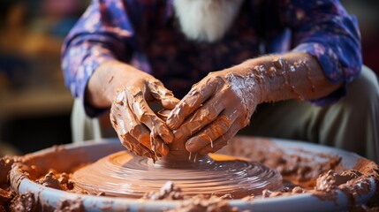 A potter's hands molding wet clay on a spinning wheel, demonstrating the art of ceramics - obrazy, fototapety, plakaty