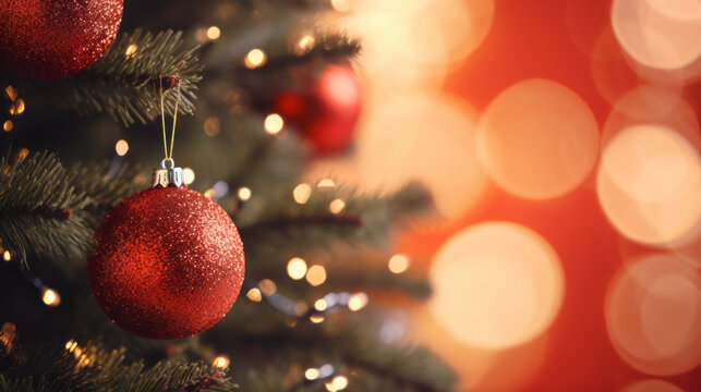Christmas Tree with Decorations on a red and gold blurred festive background