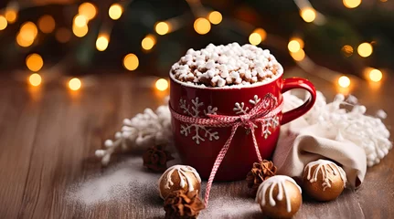 Tuinposter A cup of cocoa with marshmallows on a New Year's table on a dark background. Cozy Christmas web banner © Kseniya