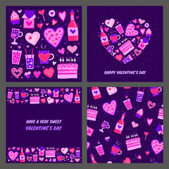 Set of cards with doodle Valentine's day and food icons.