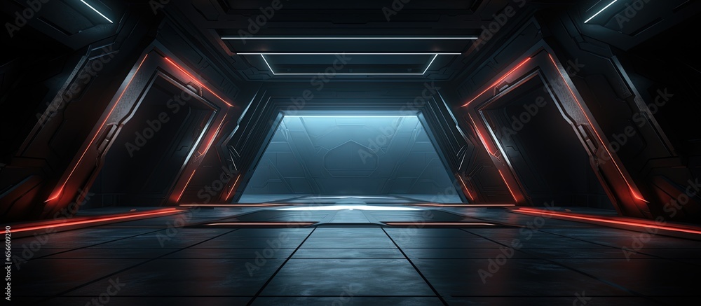 Poster dark tunnel with empty stage digital drawing with copyspace for text