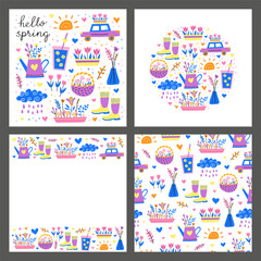 Set of cards with cute doodle seasonal spring icons.