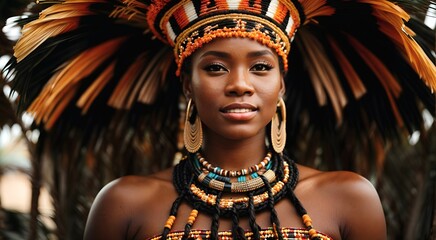 Portrait shot of beautiful zulu woman, african american female, native black lady background, banner with copy space text  - obrazy, fototapety, plakaty