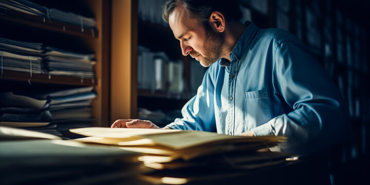 Captivating archivist carefully handling an old document in a dimly-lit room.