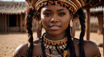 Portrait shot of beautiful zulu woman, african american female, native black lady background, banner with copy space text  - obrazy, fototapety, plakaty