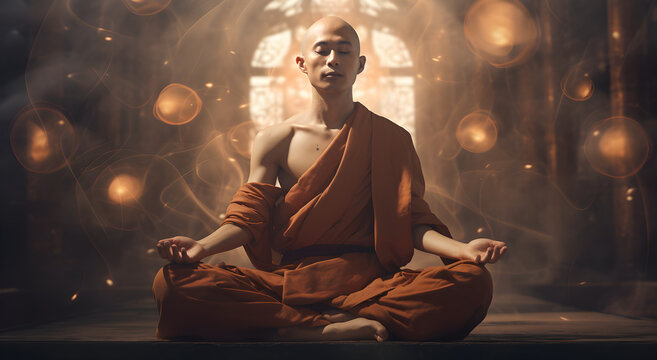 tibetan monk doing meditation in temple