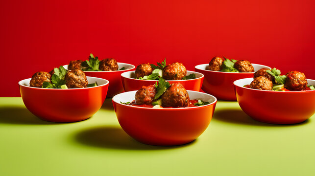 Advertising concept of Meatballs in a bowl on red background and green table