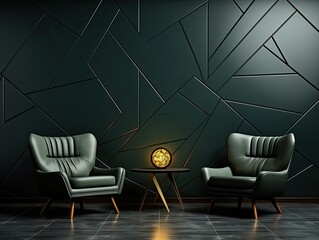 interior design of two couple dark green sofa chair with geometric background. can be use for copy space, mock up, quotes, wallpaper