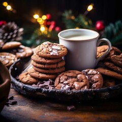 Fototapeta na wymiar Milk and cookies with christmas decoration on wooden background. Selective focus.