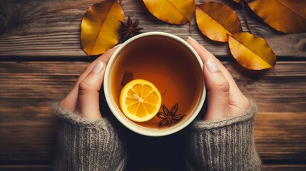 Woman holding a cup of hot tea with lemon, leaves on wooden autumn background. Hot drink concept.