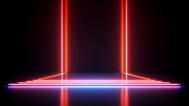 Glowing red vertical neon lights, stage design, empty podium for product display