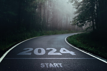 2024 New Year road trip travel and future vision concept . Nature landscape with highway road leading forward to happy new year celebration in the beginning of 2024 for fresh and successful start .