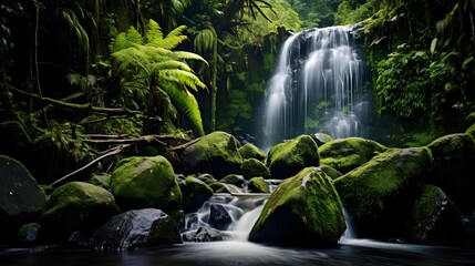 Beautiful waterfall in the rainforest. Panoramic image.
