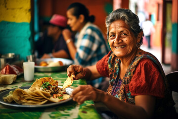 Mexican woman eating taccos   - obrazy, fototapety, plakaty