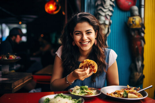 Mexican woman eating tacos  