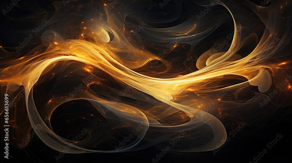 Poster luminous golden waving particles on dark background. abstract background with glowing lines