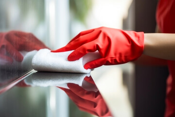 Woman in protective gloves wiping, cleaning her house, close-up - obrazy, fototapety, plakaty