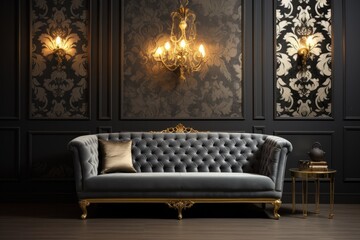 elegant interior room with an antique styled sofa and baroque wallpaper. 