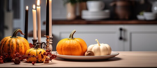 Autumn themed home decor with pumpkin candles and a white Scandi style kitchen interior with copyspace for text