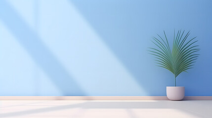 Fototapeta na wymiar Minimalist blue wall background with palm tree leaf on a vase