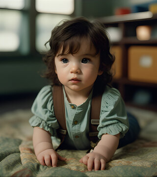 little child sitting on the floor, playing, baby crowling using ai
