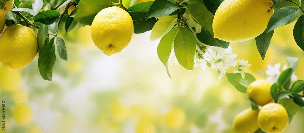 Poster background of a lemon garden in summer with copyspace for text