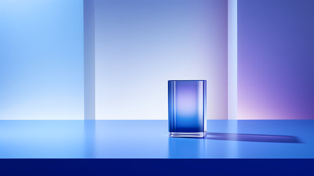 blue transparent glass box on a gradient blue and purple color background with ambient lighting