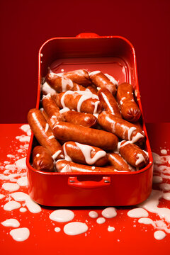 Box containing delicious looking sausages mixed with sauce and mayonnaise on a red background