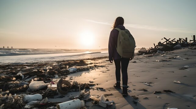 Woman Walking on Polluted Beach with Plastic Pollution, Generative AI