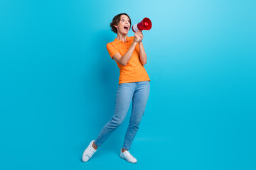 Full size photo of astonished funny girl dressed stylish polo scream in loudspeaker look empty...