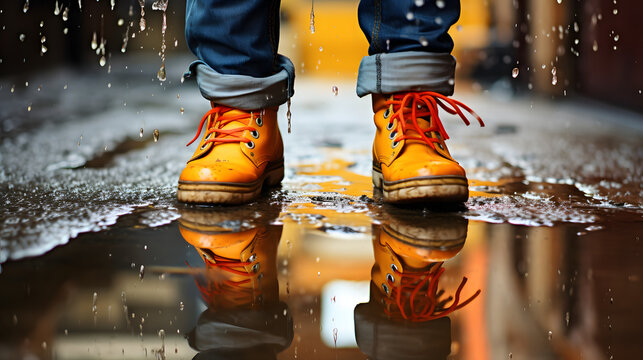 a pair of orange shoes stepping on puddles