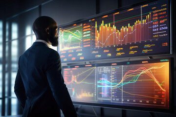 Photo of a man analyzing data on a large display of graphs