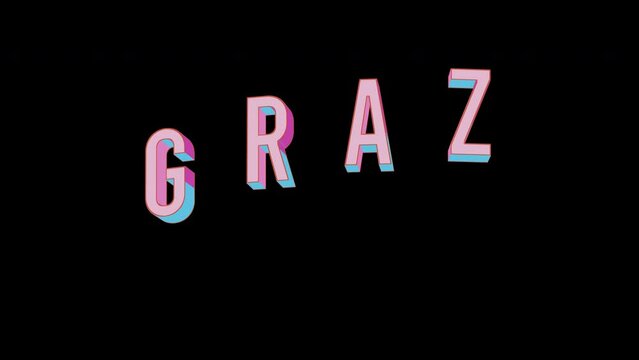 Bright letters jump merrily in the inscription GRAZ city. Retro. Alpha channel black. Looped from frame 120 to 240, Alpha BW at the end