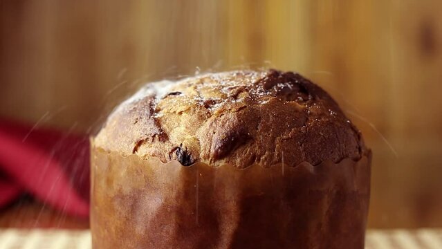 Candied fruit panettone sprinkled with icing sugar. Traditional Christmas bread stuffed with dried fruits