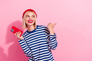Photo of pretty dreamy lady wear striped shirt typing instagram twitter telegram facebook thumb...